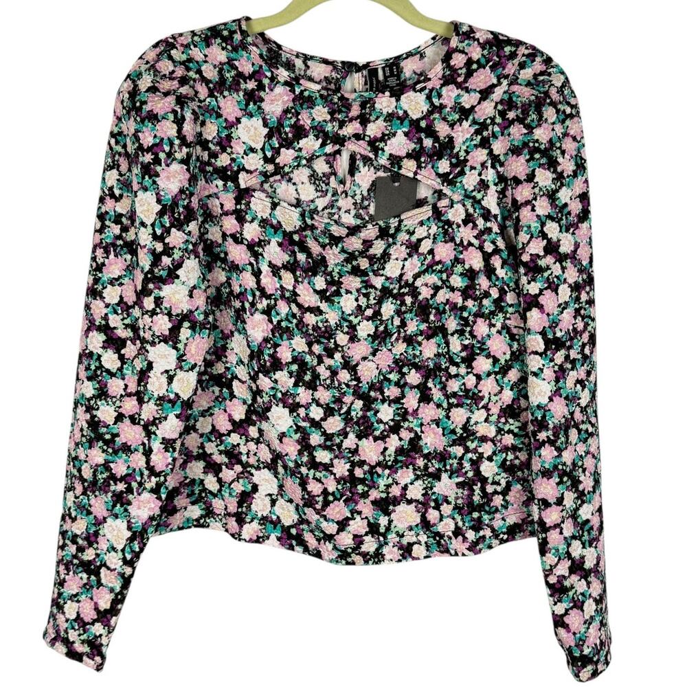 NWT Vero Moda Floral Cut Out Puffy Long Sleeve Textured Cropped Top Sz‎ Medium